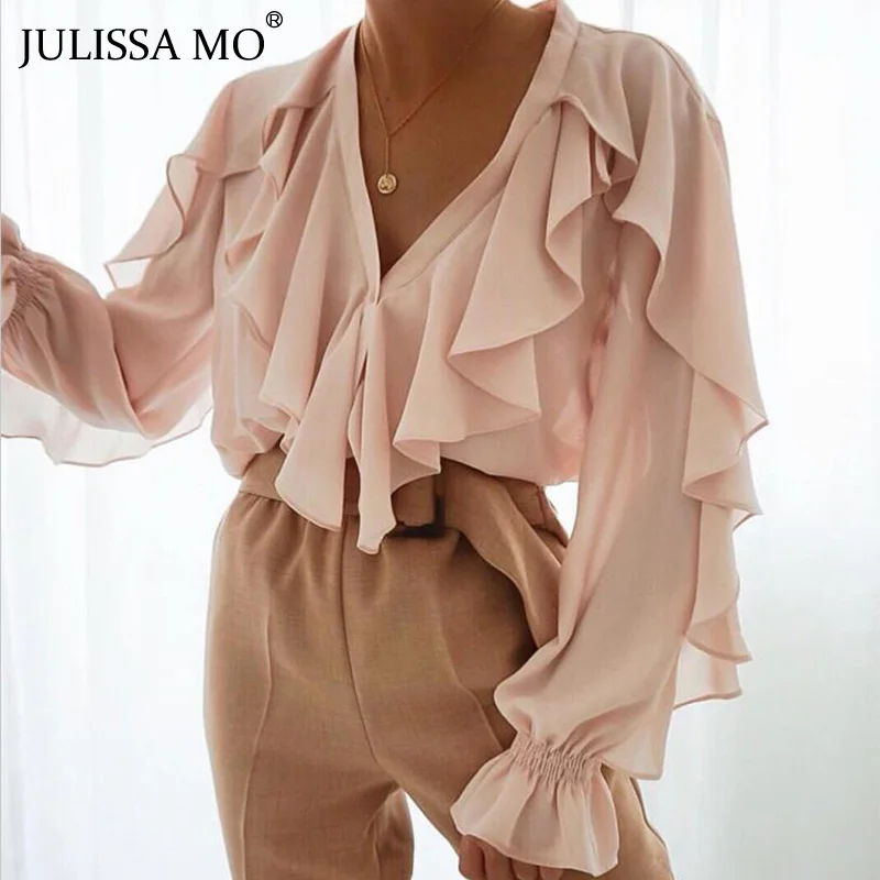 JULISSA MO Pink Elegant Ruffles V Neck Blouse Women Shirt 2019 Summer Long Sleeve Casual Office Lady Blouse Womens Tops
JULISSA MO Pink Elegant Ruffles V Neck Blouse Women Shirt 2019 Summer Long Sleeve Casual Office Lady Blouse Womens Tops