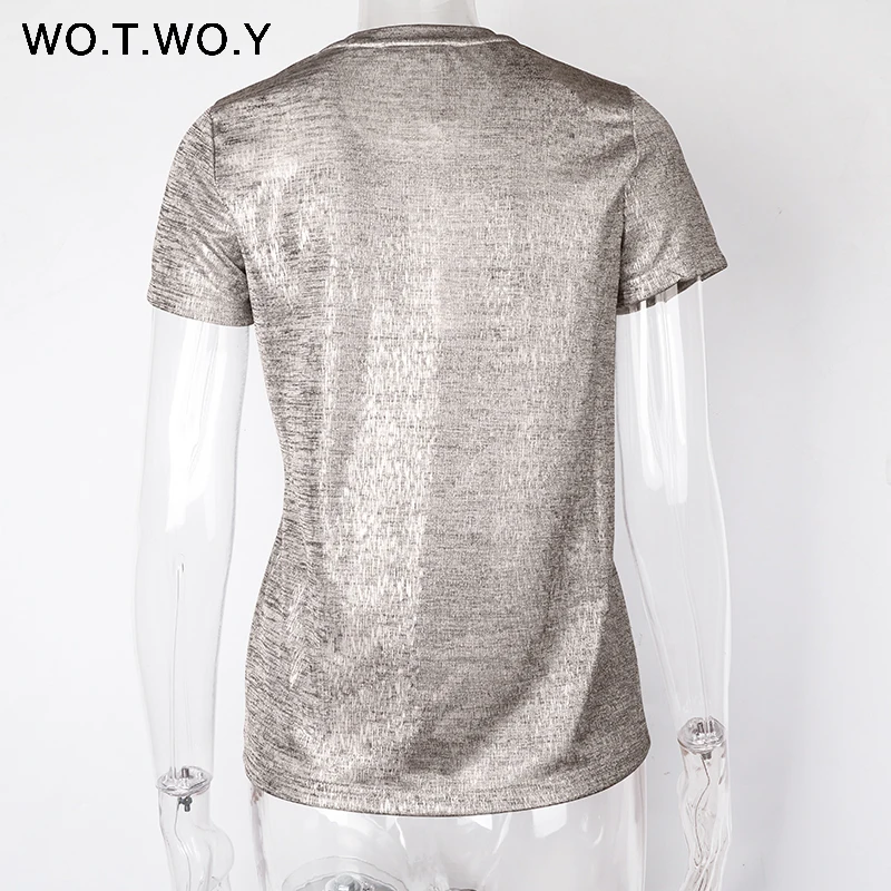 WOTWOY Silver Shiny Lurex Knitted T Shirts Women 2019 Summer Sexy Slim O-Neck Short Sleeve T shirt Woman Solid Tees Harajuku 17