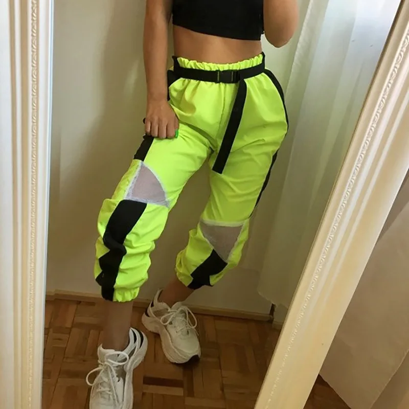 

2019 Summer Neon Green Contrast Color Mesh Patchwork Sweat Pants High Waist Loose Casual Capris Women Sudadera Harem Trousers