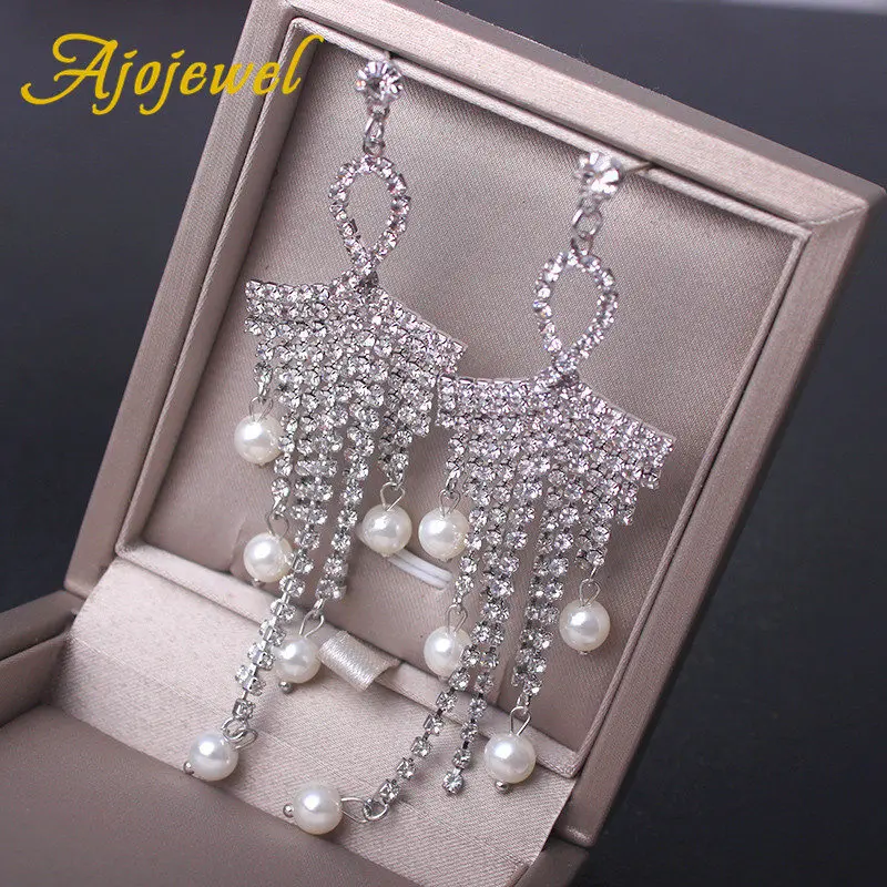 

Ajojewel Shining Long Rhinestone Chain Tassel Earrings For Women Luxury Simulated Pearl Jewelry