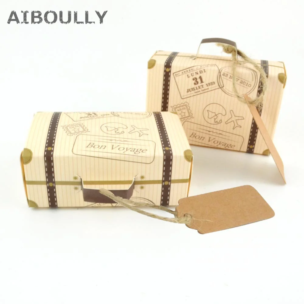 

100pcs Creative Mini Suitcase Candy Box Gift Candy Carton Card Packaging Box Wedding Birthday Party Favors with Tag Card