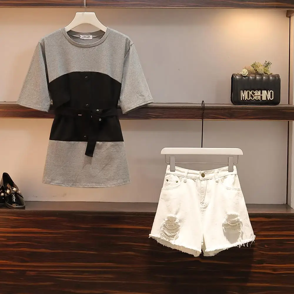 2019 Summer Women 2 Piece sets Patchwork Loose Long T-shirt + Hole Irregular Denim Short Twinset Jeans Pant Sets
2019 Summer Women 2 Piece sets Patchwork Loose Long T-shirt + Hole Irregular Denim Short Twinset Jeans Pant Sets