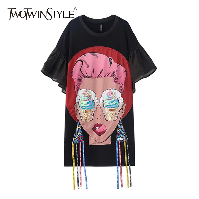TWOTWINSTYLE Print T Shirt Female Flare Sleeve Tassel Patchwork Plus Size Long Pullover T Shirts Top 2019 Summer Casual Clothes
TWOTWINSTYLE Print T Shirt Female Flare Sleeve Tassel Patchwork Plus Size Long Pullover T Shirts Top 2019 Summer Casual Clothes