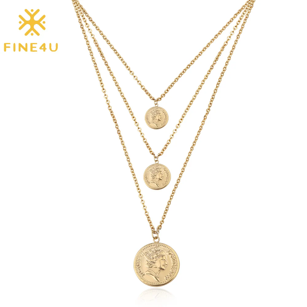 FINE4U N239 Gold Color Round Elizabeth Coins Pendants Necklace Multi-layer Stainless Steel Choker Necklaces
FINE4U N239 Gold Color Round Elizabeth Coins Pendants Necklace Multi-layer Stainless Steel Choker Necklaces