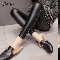 Jielur New Winter Fleece Matte PU Leather leggings Women Fashion Rivets Push Up Pencil Pants 4 Colors S-XXL Slim Lady Leggins image