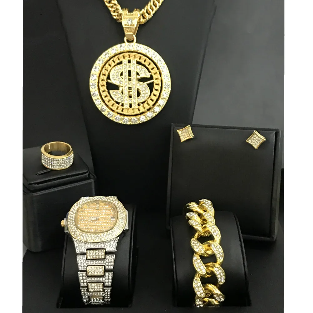 Роскошные мужские золотые часы в стиле хип хоп ожерелье браслет серьги и кольцо