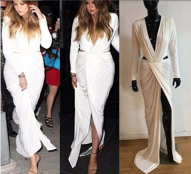 2018 Hot Sale Sexy white long sleeve Inspired Khloe Kardashian V Neck Cutout Prom Party Gowns Formal mother of bride dresses | Свадьбы и