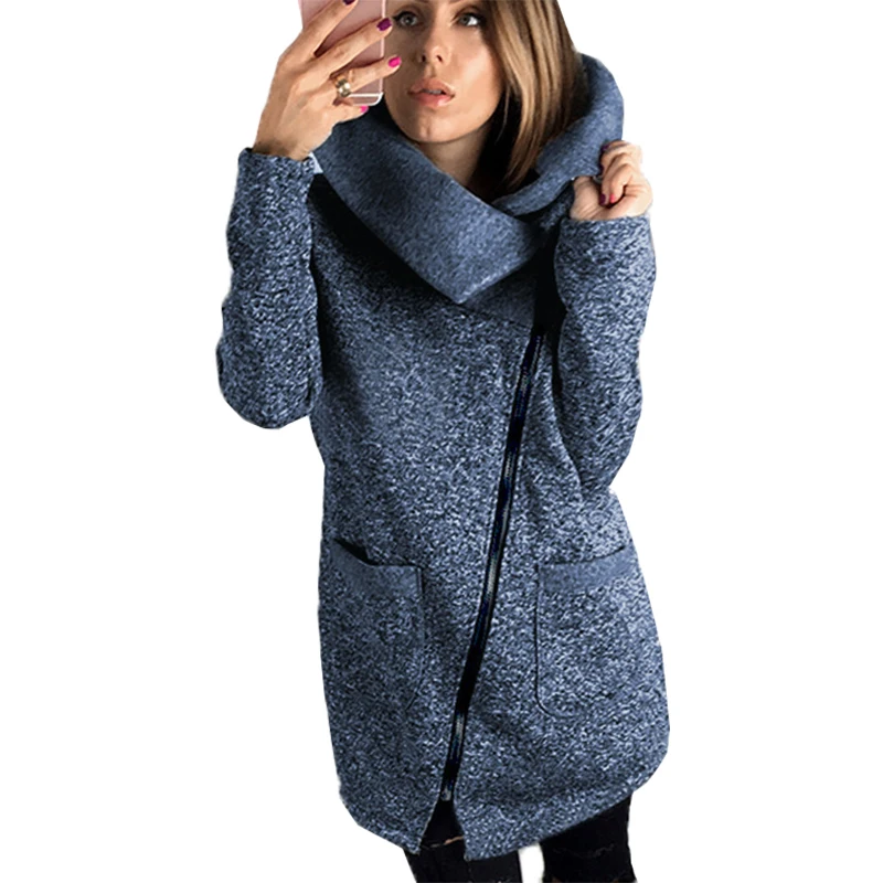 Фото Куртка женская на молнии с карманами и отложным воротником теплая весна-осень 2019