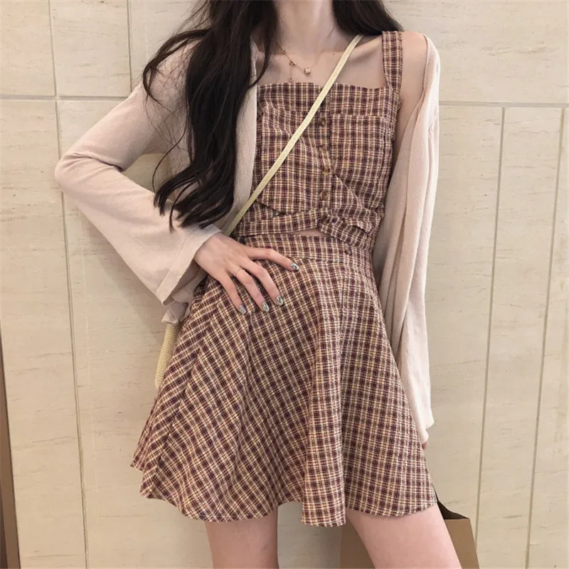 

Women Summer 2 Pieces Dress Sets Retro Plaid Tank Vest Camisole+A Line Mini Skirt Suits Holiday Sun Protection Shirts Outfits