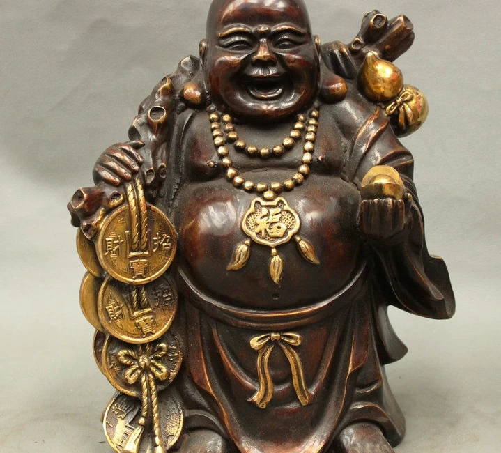 11" Chinese Buddhism Bronze Gilt Wealth Coin Happy Laugh Maitreya Buddha Statue