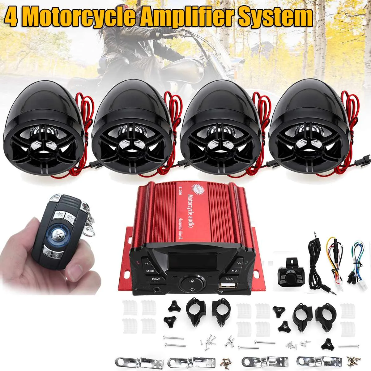 4 Speaker Motorcycle Amplifier System Mini Motorcycle Audio Speaker With Wireless Remote Control LED Display USB Port
4 Speaker Motorcycle Amplifier System Mini Motorcycle Audio Speaker With Wireless Remote Control LED Display USB Port