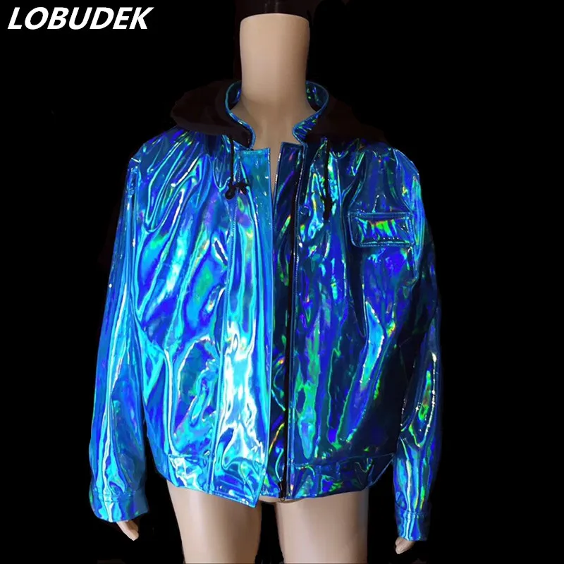 Flashing Blue Jacket Loose Baseball Coat Tide Male Singer HIP HOP Rock Costume Nightclub Performance Stage Wear Dance Outfits | Мужская