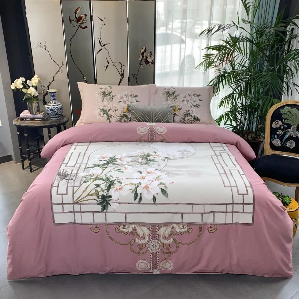 Luxury cotton Bedding Set Flower series Bed Set White pink Bed Sheet Queen King Size Duvet Cover Set scallop edge Bed Linen 
Luxury cotton Bedding Set Flower series Bed Set White pink Bed Sheet Queen King Size Duvet Cover Set scallop edge Bed Linen