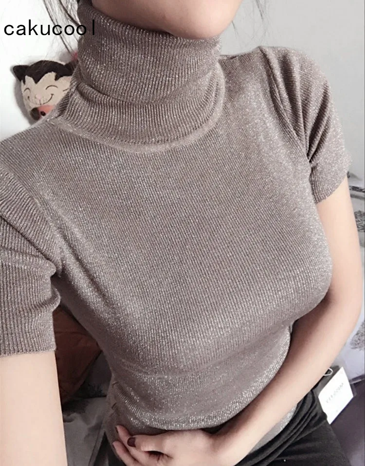 Cakucool Women Summer Knitted tshirt Short Sleeve Turtleneck Slim Tee Tops Silver Lurex Bling Korea Pullover Top T Shirt Femme
Cakucool Women Summer Knitted tshirt Short Sleeve Turtleneck Slim Tee Tops Silver Lurex Bling Korea Pullover Top T Shirt Femme