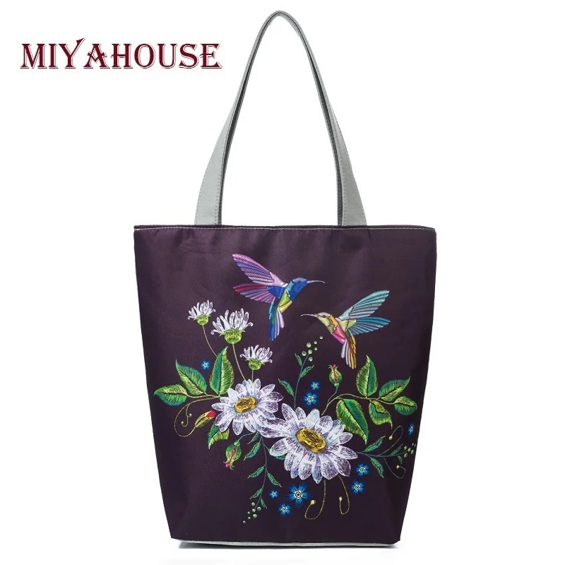 

Miyahouse Birds And Floral Print Canvas Tote Handbags Female Casual Beach Bags For Women Vintage Flower Shopping Bags