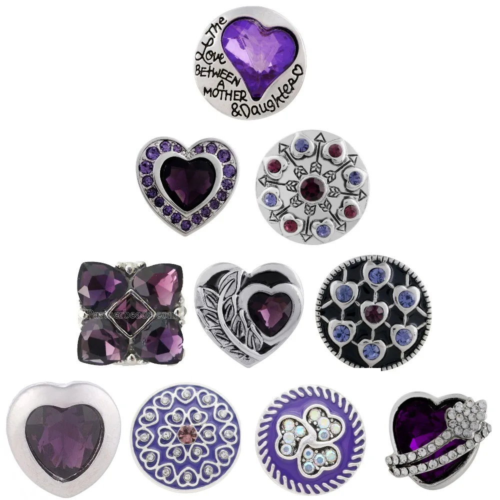 

10pcs 2018 Valentine's Day purple Silver Crystal snap beads Love Heart Snap beads fit 18mm bracelet Jewelry Earrings For Women