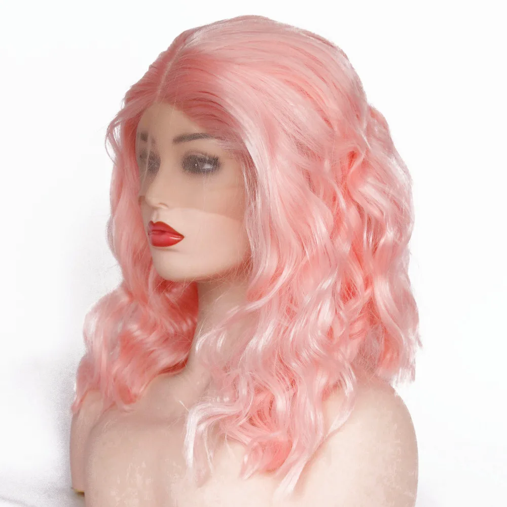 V Nice Short Wavy Pastel Pink Lace Front Wig Bob Glueless