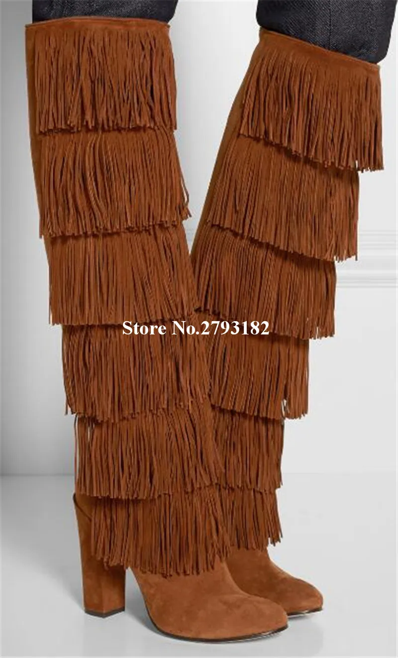 

Women Charming Fashion Round Toe Suede Leather Tassels Chunky Heel Over Knee Boots Fringes Long Thick High Heel Boots