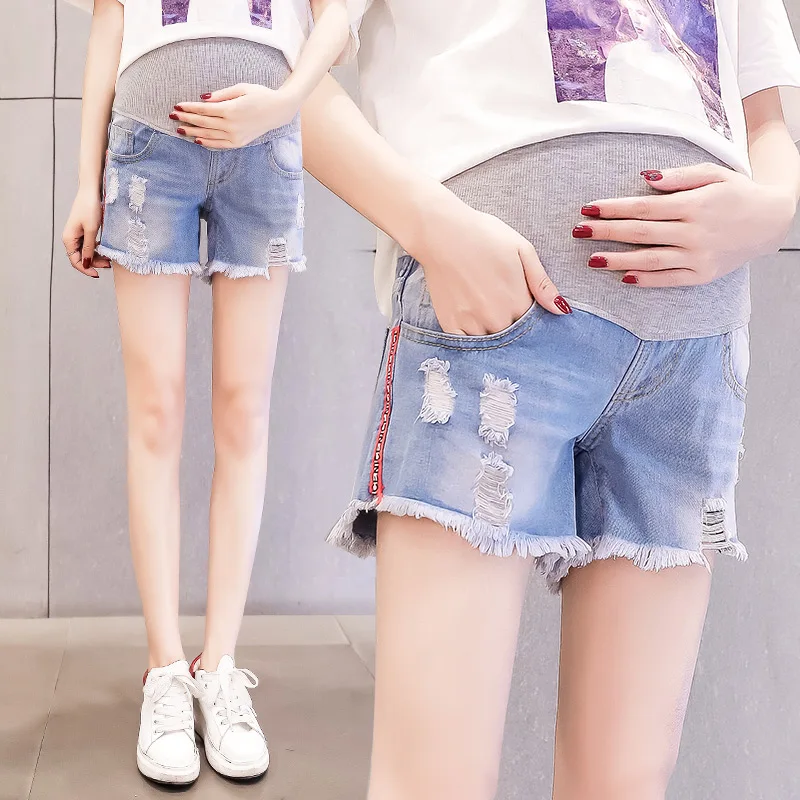 Ripped Hole Denim Maternity Shorts Elastic Waist Belly Short Jeans Clothes for Pregnant Women Side stripe Summer Pregnancy Wear | Мать и