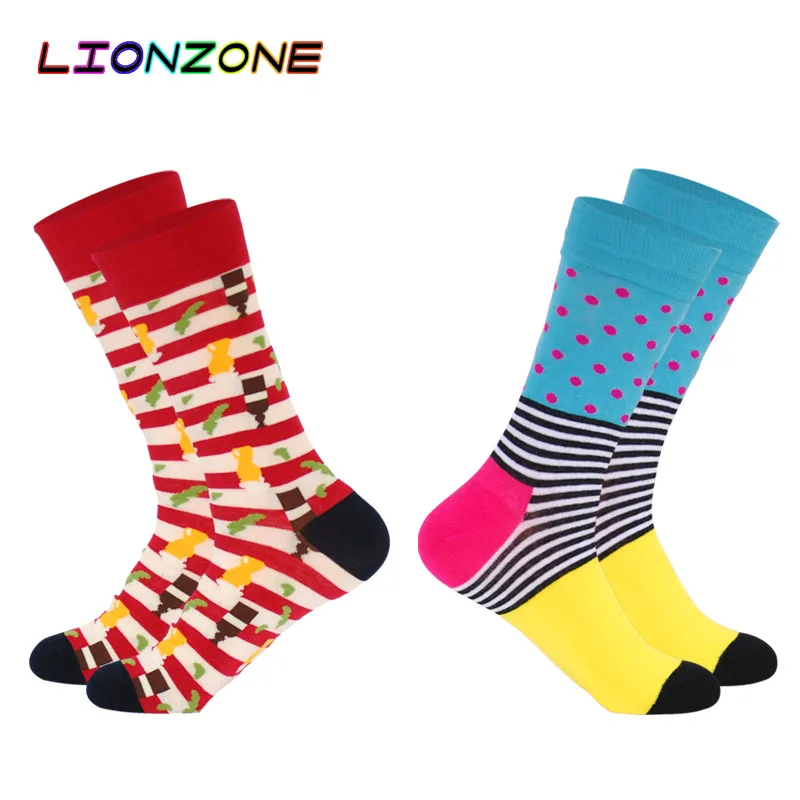 

LIONZONE 2Pairs Men Christmas Socks New Year Colorful Happy Sock Dot Striped Beer Figure Design Soks Chaussettes Homme Fantaisie