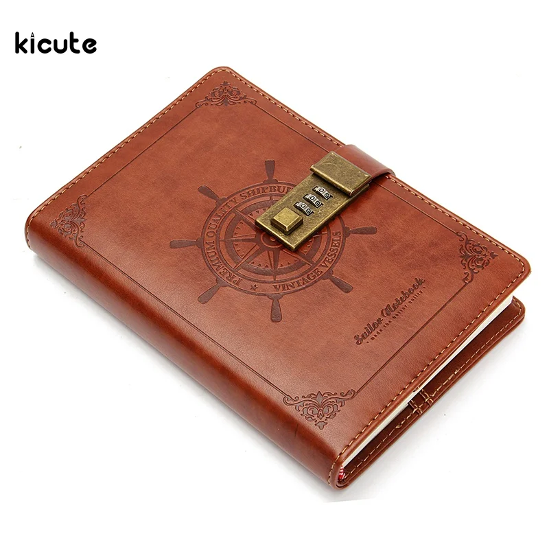 Image 1Pcs Retro Rudder Brown Leather Journal Blank Diary Note Book with Password Code Lock Office School Stationery Supplies Gifts