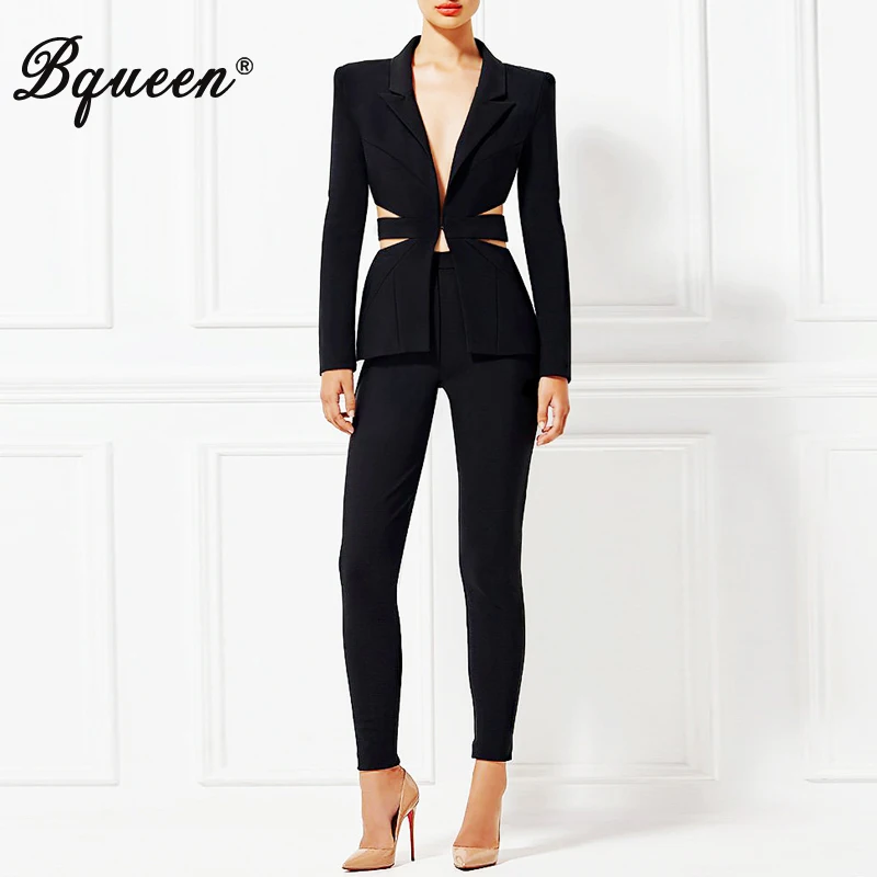 Bqueen 2017 New Deep V Sexy Business Pant Suits Set Blazers Formal