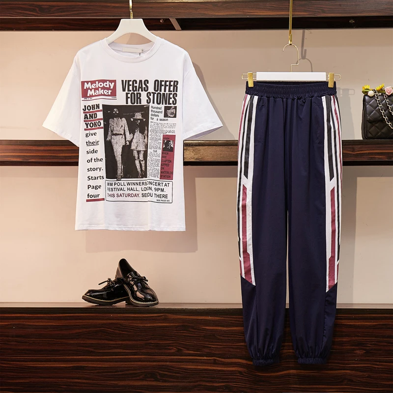 Women two piece set summer Newspaper print t shirt and trouser plus size tracksuit Tops Pants Sports Suits Casual Clothing
Women two piece set summer Newspaper print t shirt and trouser plus size tracksuit Tops Pants Sports Suits Casual Clothing
