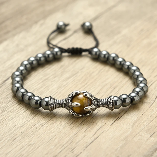 Bracelet en pierre naturelle pour homme, breloque griffe d'aigle, œil de tigre, bracelets perlés en hématite, brassard masculin, taille réglable 2
