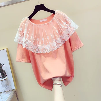 Swee Cloak Lotus Leaf Edge Short Sleeve Top Woman Mesh Spliced Round Collar Loose Summer T-shirt Girl Students Cotton T-shirts
Swee Cloak Lotus Leaf Edge Short Sleeve Top Woman Mesh Spliced Round Collar Loose Summer T-shirt Girl Students Cotton T-shirts