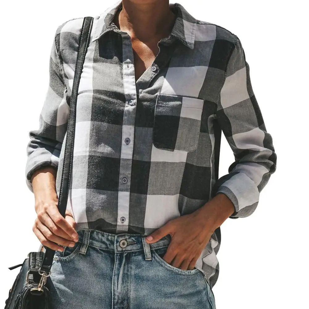 Фото Autumn Casual Women Loose Plaid Print Shirt Turn Down Collar Long Sleeve Top |