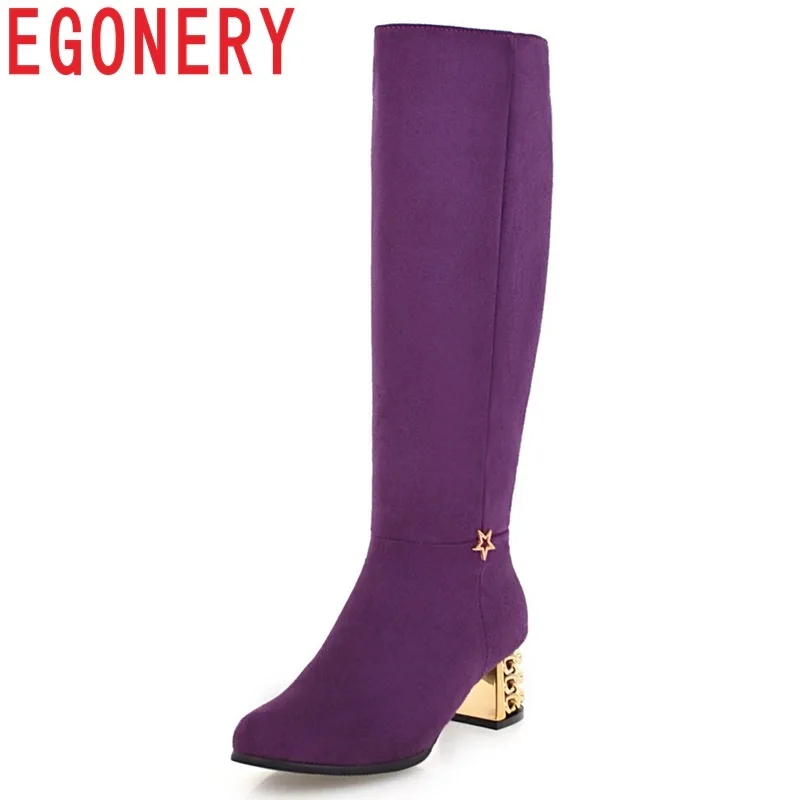 

EGONERY size 34-43 2019 winter newest fashion round toe med square heel metal decoration zip three colors flock knee high boots