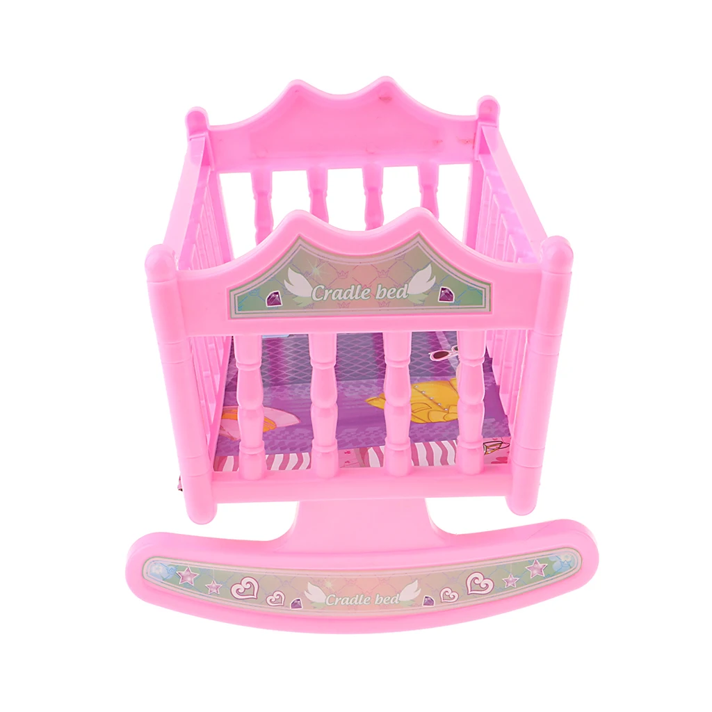 Sweet plastic rocking bed baby doll cradle model for 20cm dolls house or nursery bedroom furniture Pink