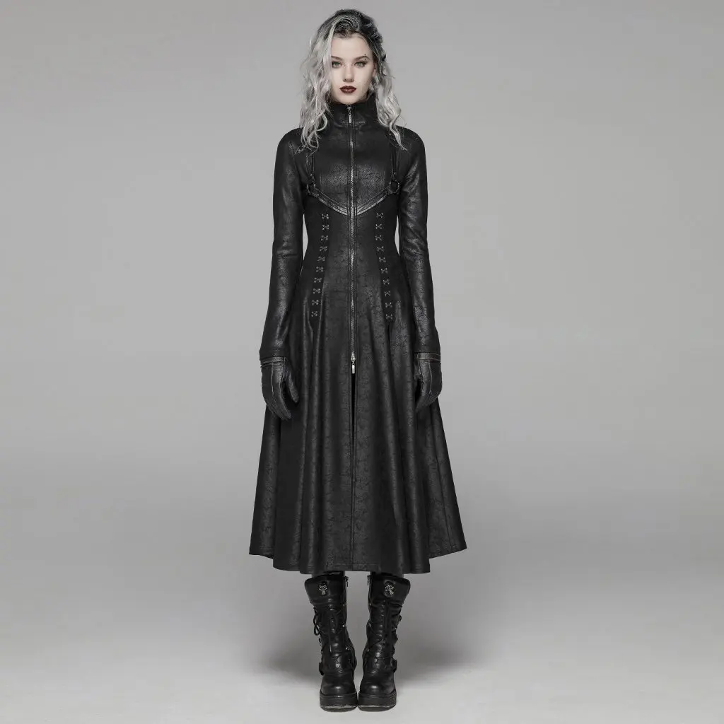 

Punk Rave Women's Goth Front Zipper Stand Collar Maxi Overcoat WY1065XCF