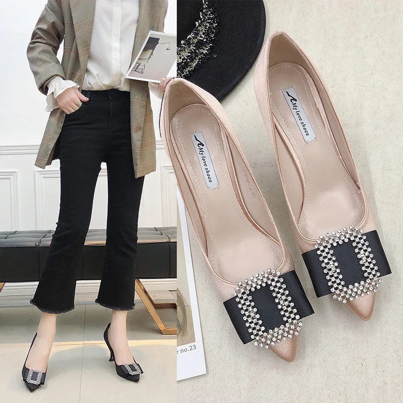 Туфли-лодочки стразы женские офисные модные туфли с шелковой поверхностью из