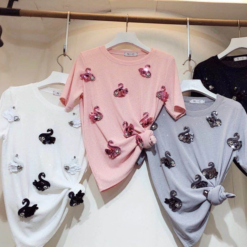 Real Shot 2018 New Summer Bright Silk Women's Tops O Neck All-match Students Tees Diamonds Swan Female Basic T-shirts
Real Shot 2018 New Summer Bright Silk Women's Tops O Neck All-match Students Tees Diamonds Swan Female Basic T-shirts
