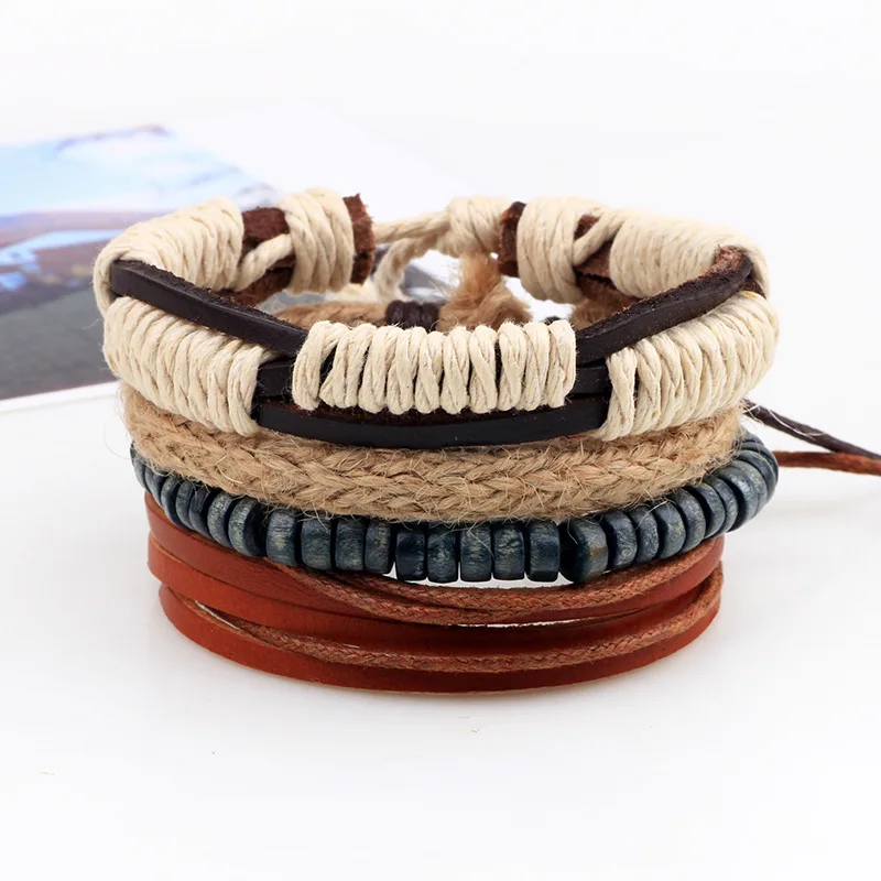 4pcs/set Handmade Boho Gypsy Hippie Brown Leather Beige Hemp Rope Cord Navy Blue Wood Beads Knots Wrap Layers Bracelets for Man
4pcs/set Handmade Boho Gypsy Hippie Brown Leather Beige Hemp Rope Cord Navy Blue Wood Beads Knots Wrap Layers Bracelets for Man