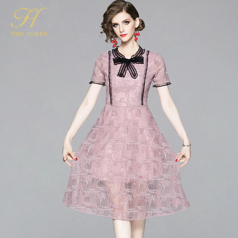 H Han Queen Lace Dress Work Casual Slim Fashion Bow Sexy Hollow Out Pink Dresses Women A-line Vintage Vestidos
H Han Queen Lace Dress Work Casual Slim Fashion Bow Sexy Hollow Out Pink Dresses Women A-line Vintage Vestidos