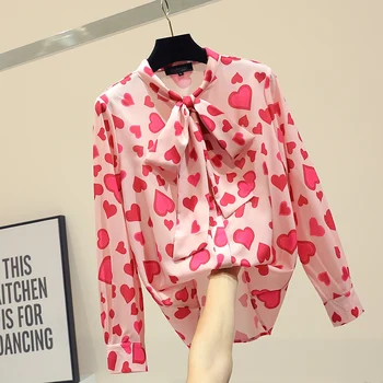 Loose Female Blouses New 2019 Spring Elegant Single Breasted Bow Long Sleeve Chiffon Top Loves Printing Women Shirts 
Loose Female Blouses New 2019 Spring Elegant Single Breasted Bow Long Sleeve Chiffon Top Loves Printing Women Shirts