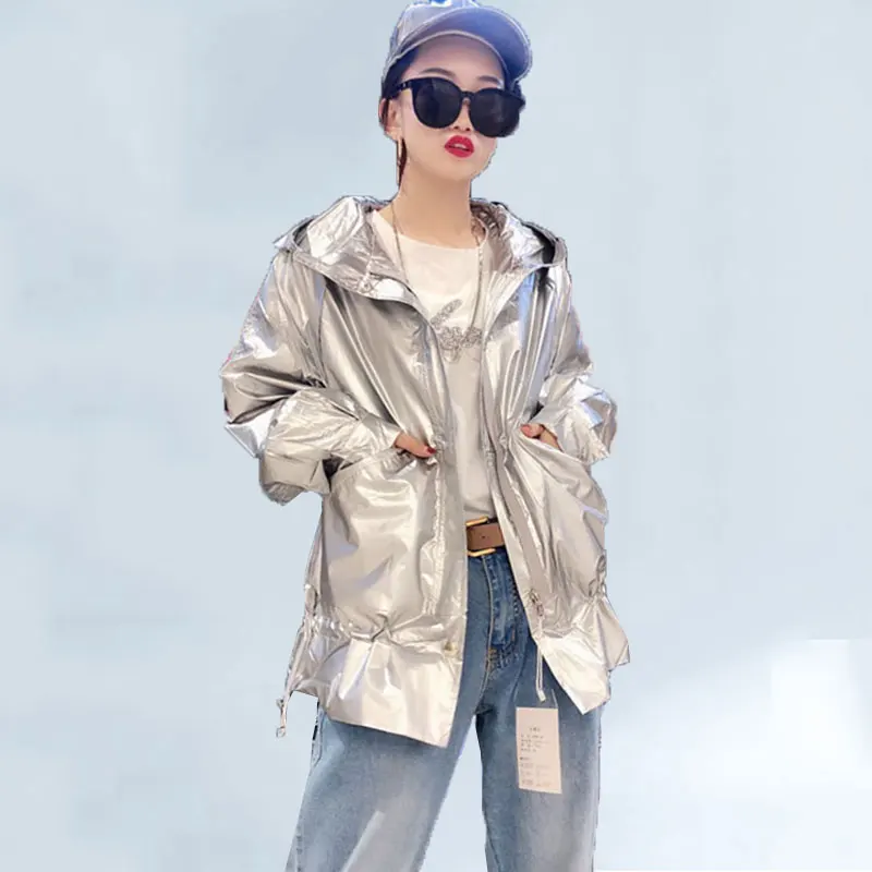 2019 Autumn New Bright Silver Jacket Women Hooded Drawstring Waist Large Size Windbreaker Coat Women Harajuku Loose Bat Sleeves
2019 Autumn New Bright Silver Jacket Women Hooded Drawstring Waist Large Size Windbreaker Coat Women Harajuku Loose Bat Sleeves