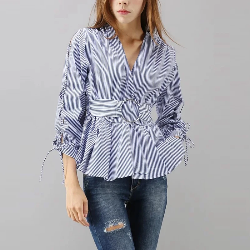 Blue white stripe tied slit long sleeve V neck blouses for women ladies spring belted fit and flare peplum cotton wrap shirts
Blue white stripe tied slit long sleeve V neck blouses for women ladies spring belted fit and flare peplum cotton wrap shirts