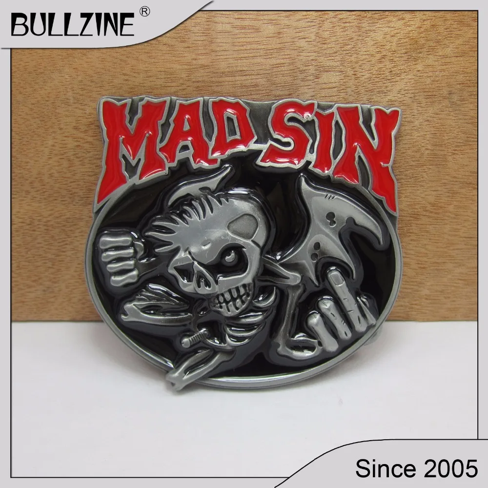 The Bullzine Skull mad sin belt buckle with pewter finish FP-02185 suitable for 4cm width snap on belt
The Bullzine Skull mad sin belt buckle with pewter finish FP-02185 suitable for 4cm width snap on belt
