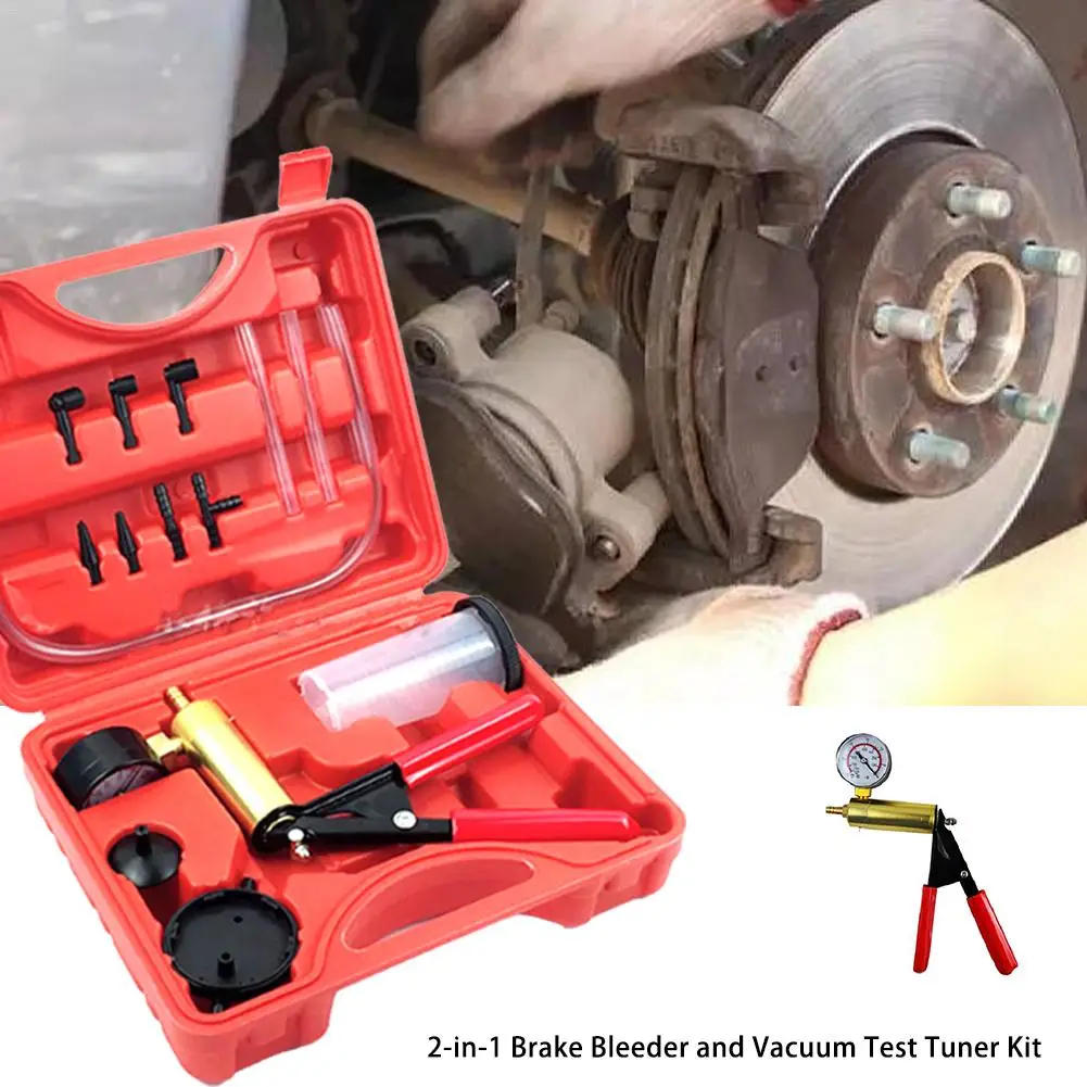 2 In 1 Automotive Tools Hand Held Brake Bleeder & Vacuum Gauge Pistol Pump Test Tuner Kit Body Pressure With Case |