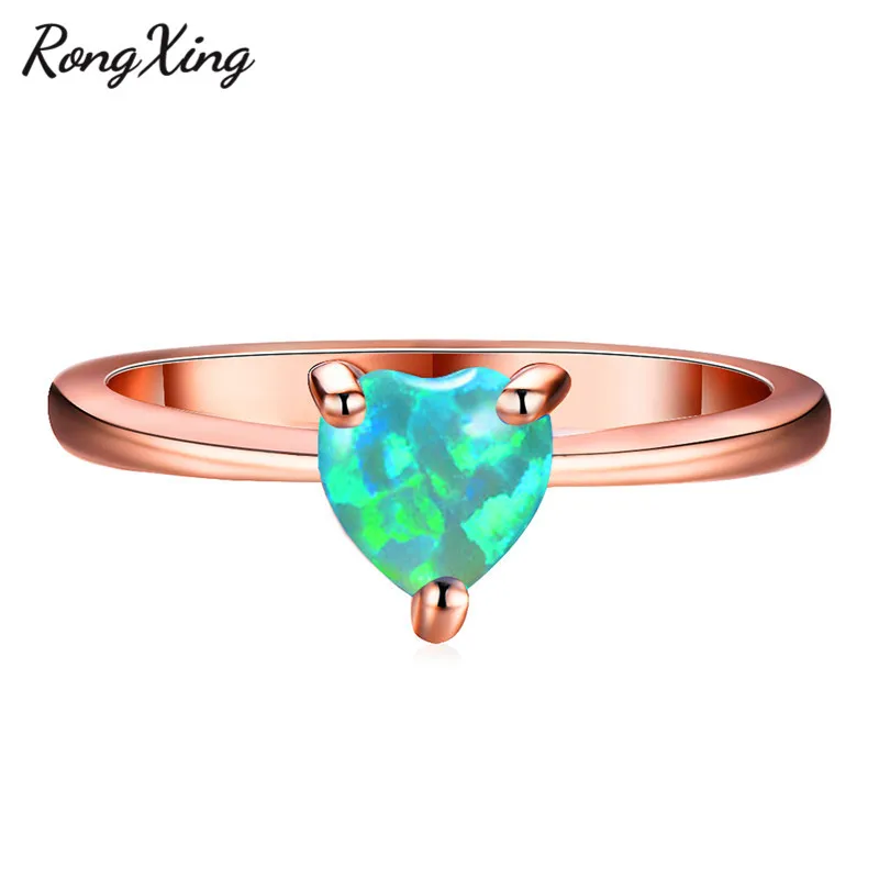 RongXing Green Fire Opal Heart Rings For Women Rose Gold Filled Rainbow Birthstone Wedding Bands Minimalist Jewelry Gifts RR0091 | Украшения