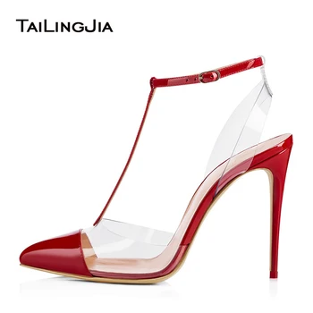 

Sexy High Heel Pointed toe Slingback Dress Heels Transparent PVC Stiletto Pumps T strap Studded Party Shoes Nude Gold Red Black