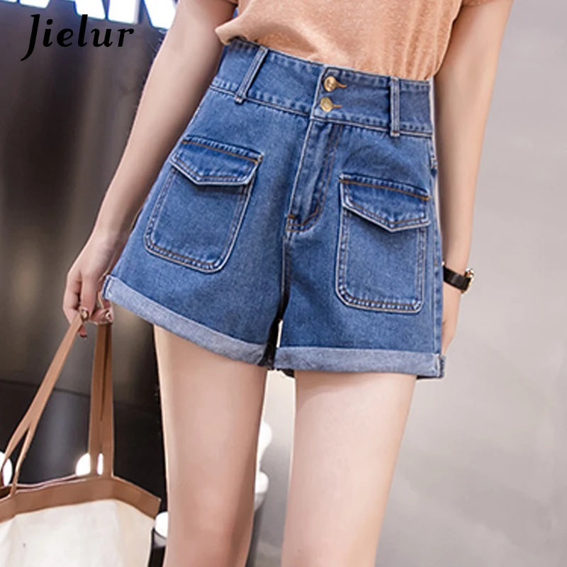 Jielur Pockets Blue Jeans Female Summer 2019 New Plus Size Slim Short Women Simple Vintage S-5XL College Kpop Denim Shorts |