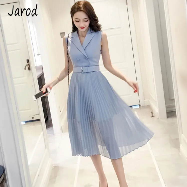 New Arrival 2019 Summer Women OL Suit Collar Sleeveless High Waist Slim Chiffon Pleated Dress Elegant Ladies Midi Dress
New Arrival 2019 Summer Women OL Suit Collar Sleeveless High Waist Slim Chiffon Pleated Dress Elegant Ladies Midi Dress