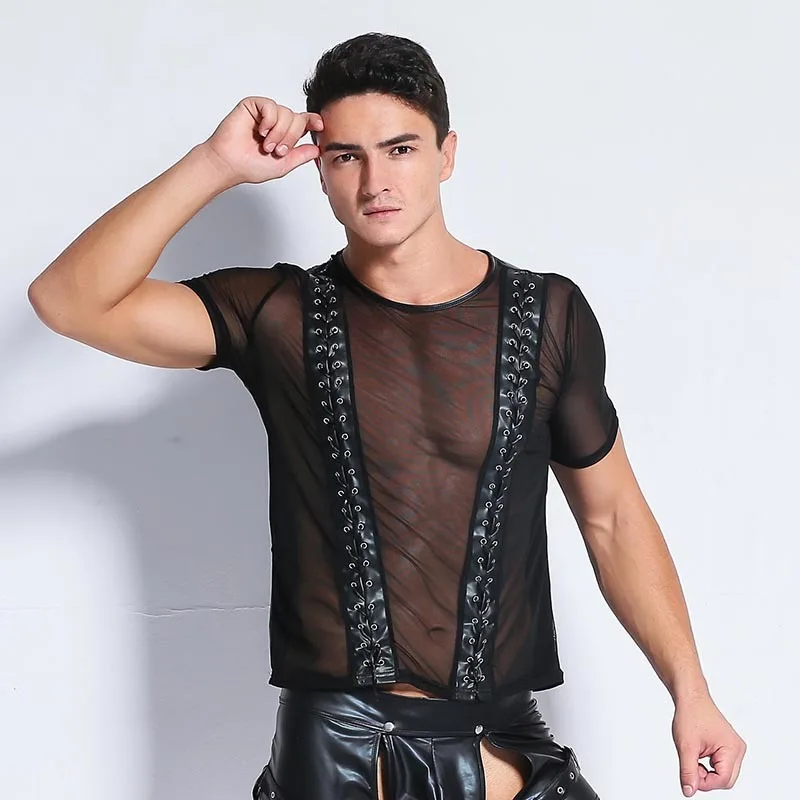 Man Nightclub Show Costume Sexy Lingerie Men's Faux Leather Mesh Splicing Short Sleeve Tight Tops Erotic Tank Strong Harness Men
Man Nightclub Show Costume Sexy Lingerie Men's Faux Leather Mesh Splicing Short Sleeve Tight Tops Erotic Tank Strong Harness Men