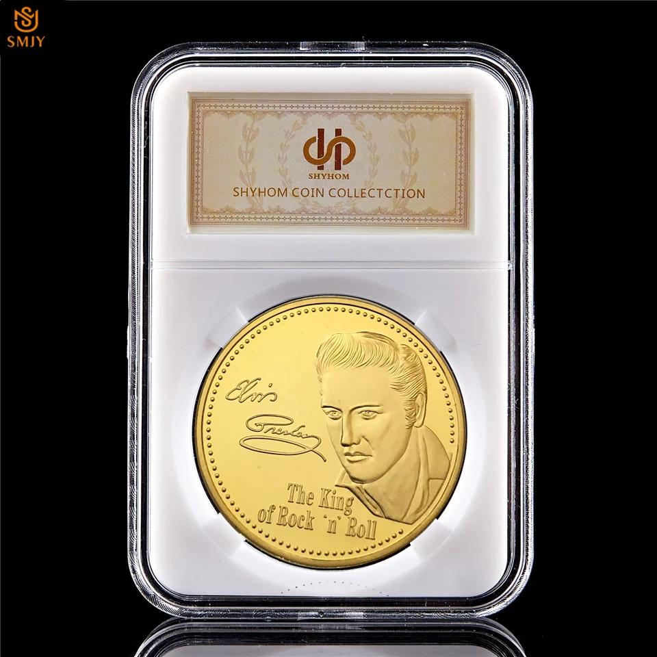 

1935-1977 King Of USA Rock Music Elvis Presley Superstar Gold Plated Metal Commemorative Coin W/PCCB Case