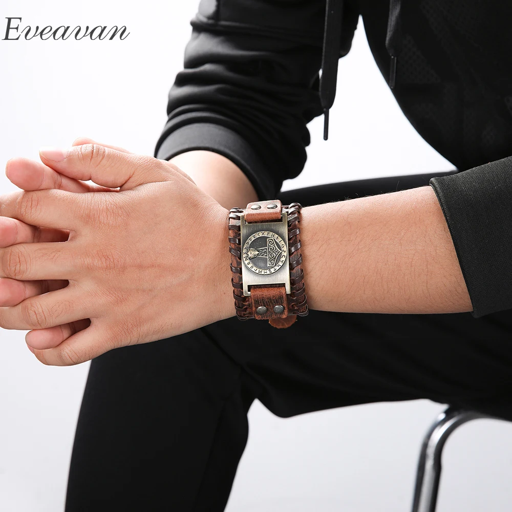 EUEAVAN 5pcs Viking Thor's Hammer 24 Runes Amulet Wide Leather Bracelet Northern Europe Patron Saint Talisman Jewelry For Men
EUEAVAN 5pcs Viking Thor's Hammer 24 Runes Amulet Wide Leather Bracelet Northern Europe Patron Saint Talisman Jewelry For Men
