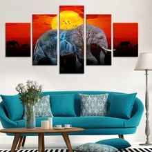 ציור בד אמנות בד 5 piece נורדי לוחות מודולרי תמונות קישוט חדר ילדים הדפסת אמנות פוסטר בעלי החיים פיל שקיעה(China)